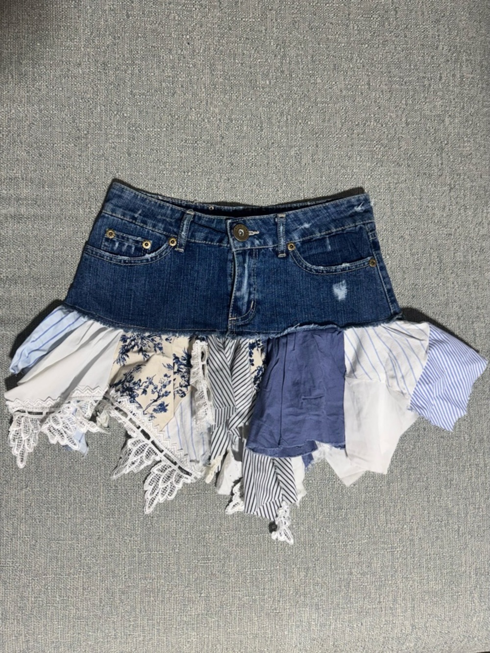 🆕WT Blue Time Upcycled Patchwork Denim Mini Skirt XS Boho Ruffle Hem